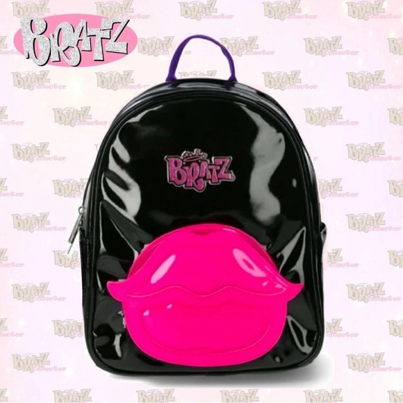 Bratz Mini Backpack Purse Black Patent Pink Lips Y2K Baddie Bratcore Goth Faux - Picture 2 of 9
